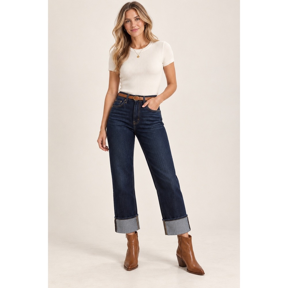 Flying Monkey Time Away Jean Women's 27 High Rise Cuffed Crop Straight Dark Wash
